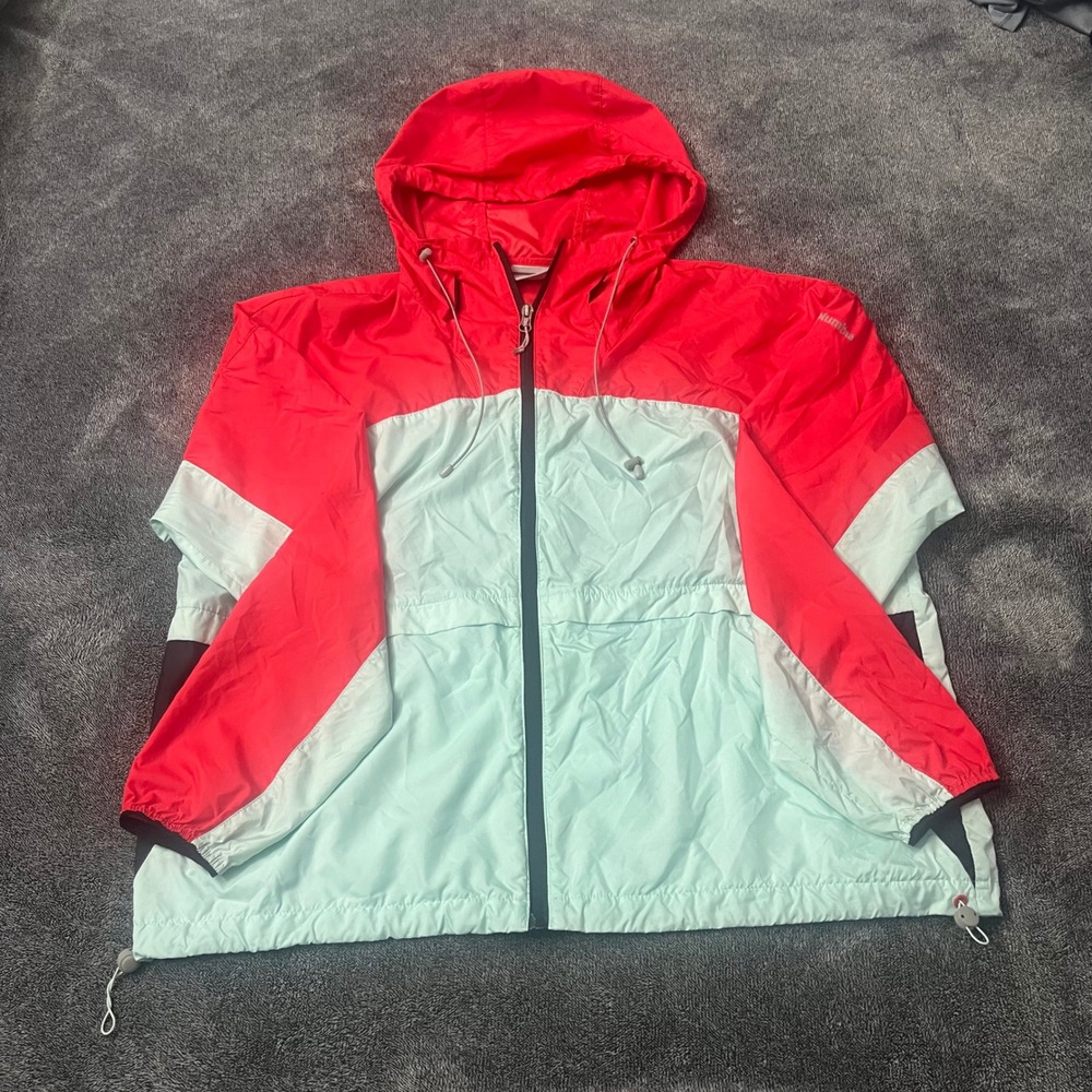Columbia Womens XL Colorblock Windbreaker Full Zip Hooded Jacket Red Mint Green